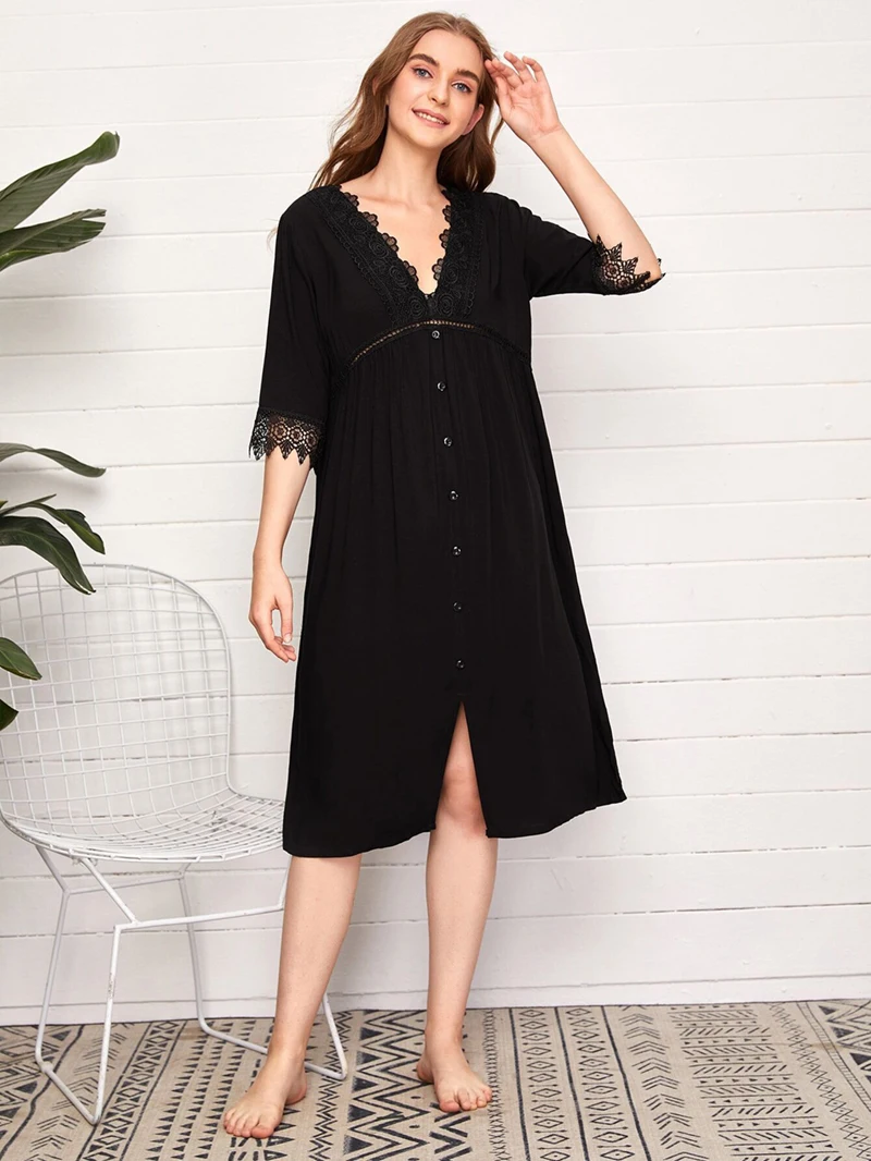 

KISBIN Summer Women Nightdress Sexy Lace V-Neck Solid Female Nightgowns Half Sleeves Cotton Vintage Lady Night Dress Homewear