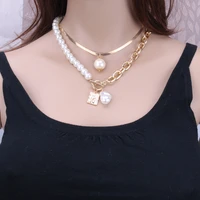 fashion women retro 2 layers chain pearl necklace baroque pearl metal charm pendant necklace snake chain jewelry friends gift