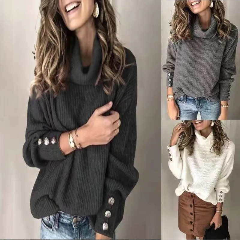 

Women's Solid Color Sweaters 2021 Autumn Fashion Women's Turtleneck Pullover Button O-Neck Loose Knitted Sweater Tops Plus Size
