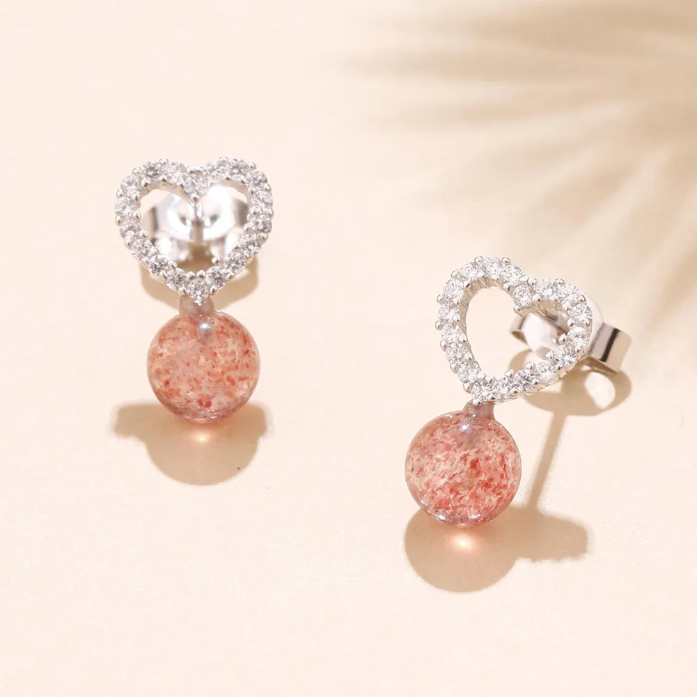 SA SILVERAGE Female 2019 New Earrings Sets 925 Sterling Silver Heart Stud Pink Stone Round Ball | Украшения и аксессуары