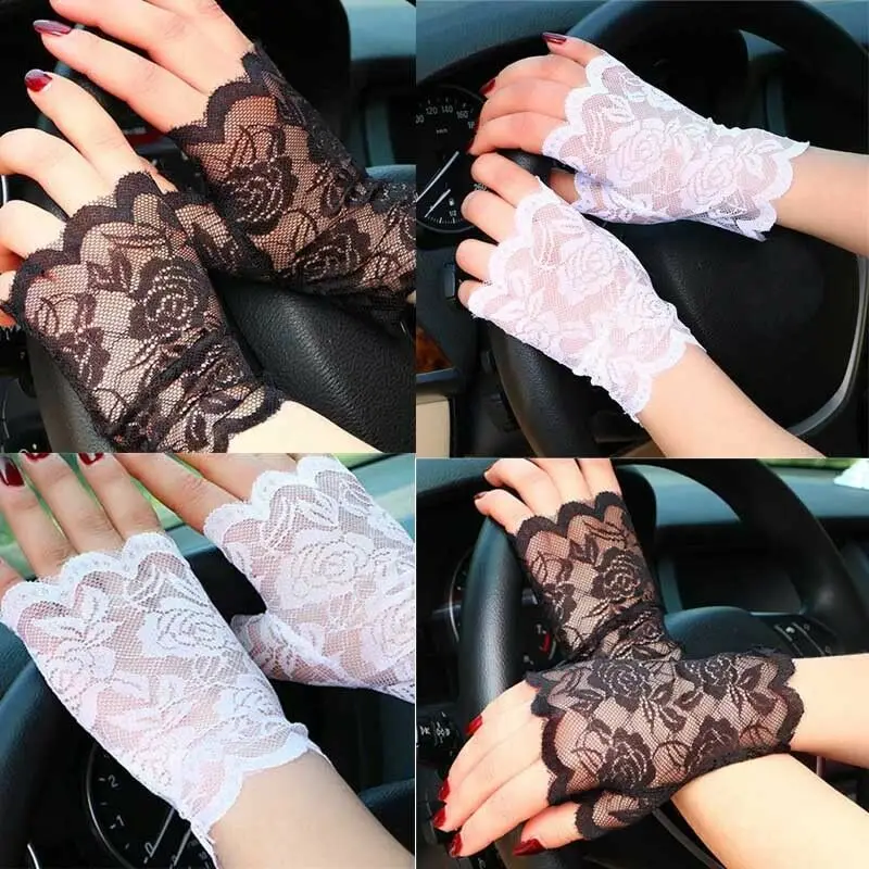 

Lace Gloves Women Sexy Elegant Solid Color Floral Pattern Sunscreen Fingerless Gloves Driving Anti-UV Gloves 2020 Newest Trendy