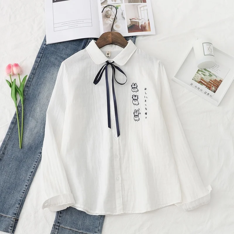 

Белая хлопковая блузка с вышивкой в японском стиле с мультяшными кошками, женские милые рубашки со шнуровкой и бантом для студенток, Женские базовые свободные топы