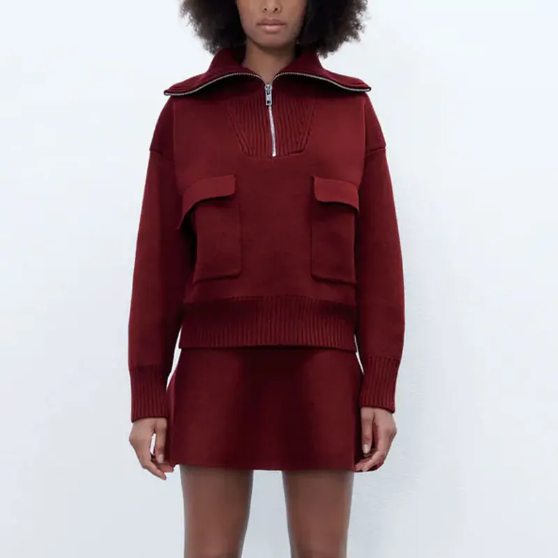 

Женский трикотажный костюм-двойка, Однотонный свитер на молнии и мини-юбка