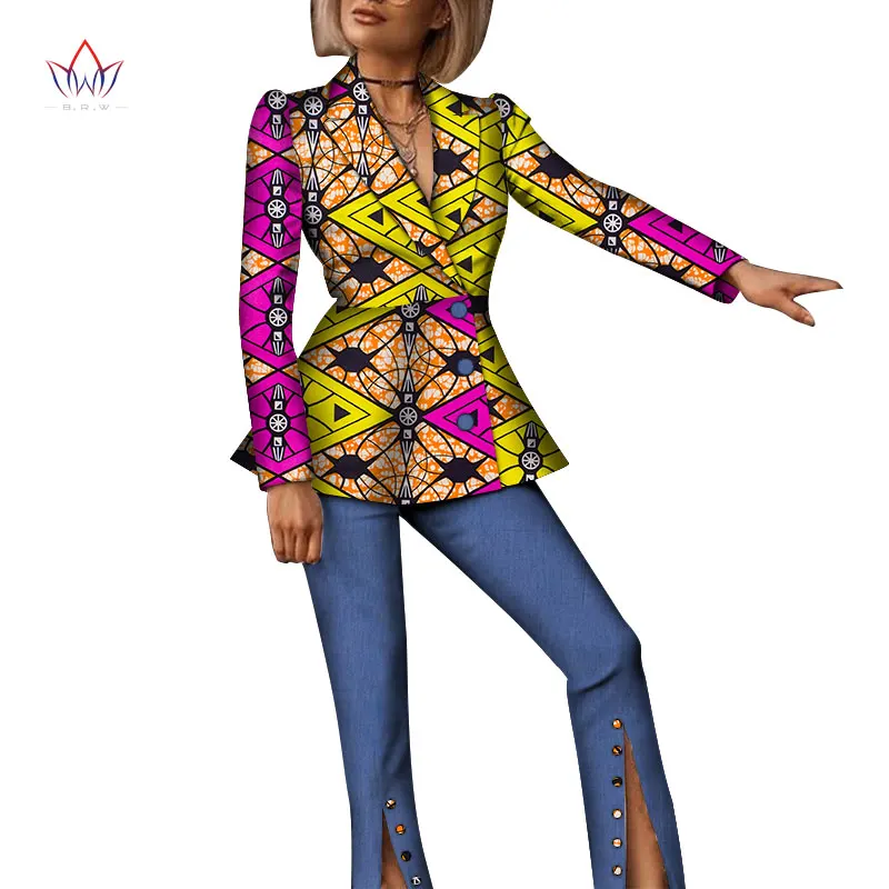 Bintarealwax Two Piece Pants Set Dashiki Women Crop Ruffles Jacket and Denim Pant Brand African Print Pants Plus Size 7XL WY6560