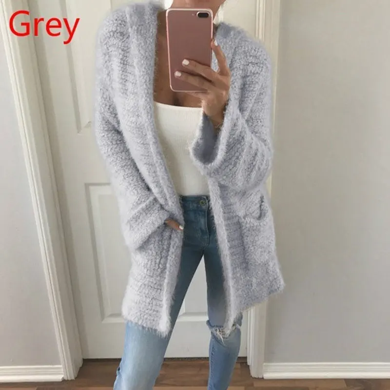 Женский длинный кардиган с капюшоном повседневный Свободный теплый вязаный