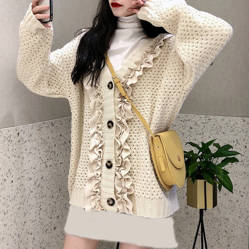 RealShe Ruffles Knitted Sweater Cardigan V-neck Long Sleeve Buttons Solid Female Spring Casual Elegant Women |