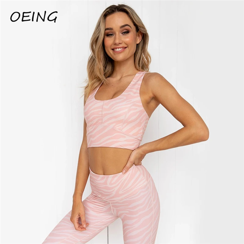 

Pink Stretch Sport Set Women Yoga Workout Stripe Bras and Leggings High Waist 2 Piece Sets