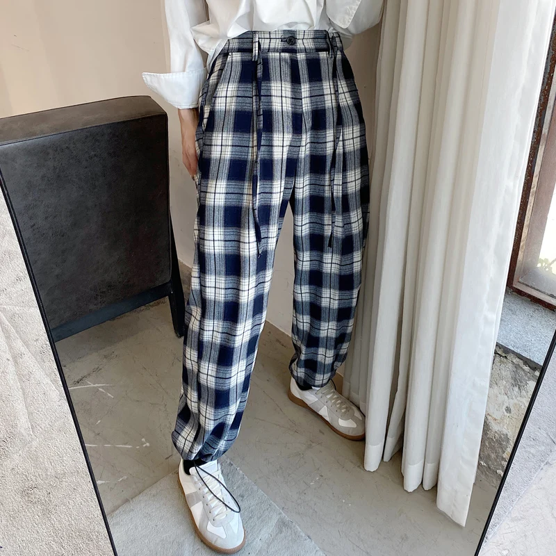 

New Youthful Male Korea Style Trousers Men Streetwear Vintage Hip Hop Can Be Bundled Hem Loose Casual Plaid Straight Pants