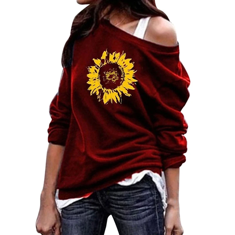 Женский пуловер с длинным рукавом круглым вырезом и цветочным принтом|Женские