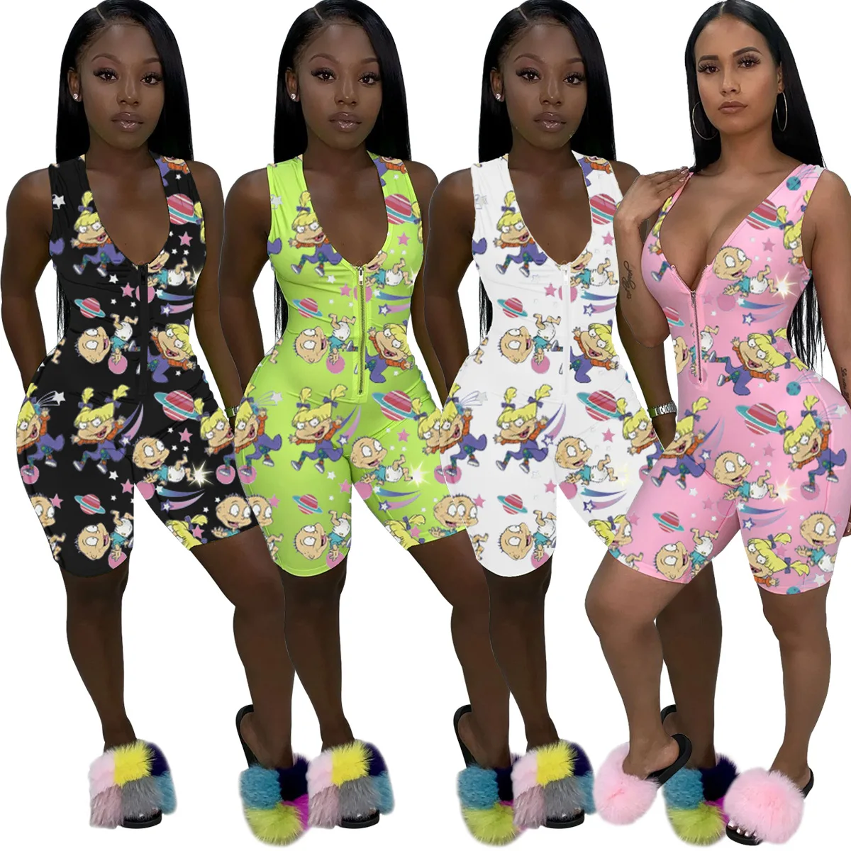 Женский летний Модный повседневный комбинезон без рукавов с принтом и V образным