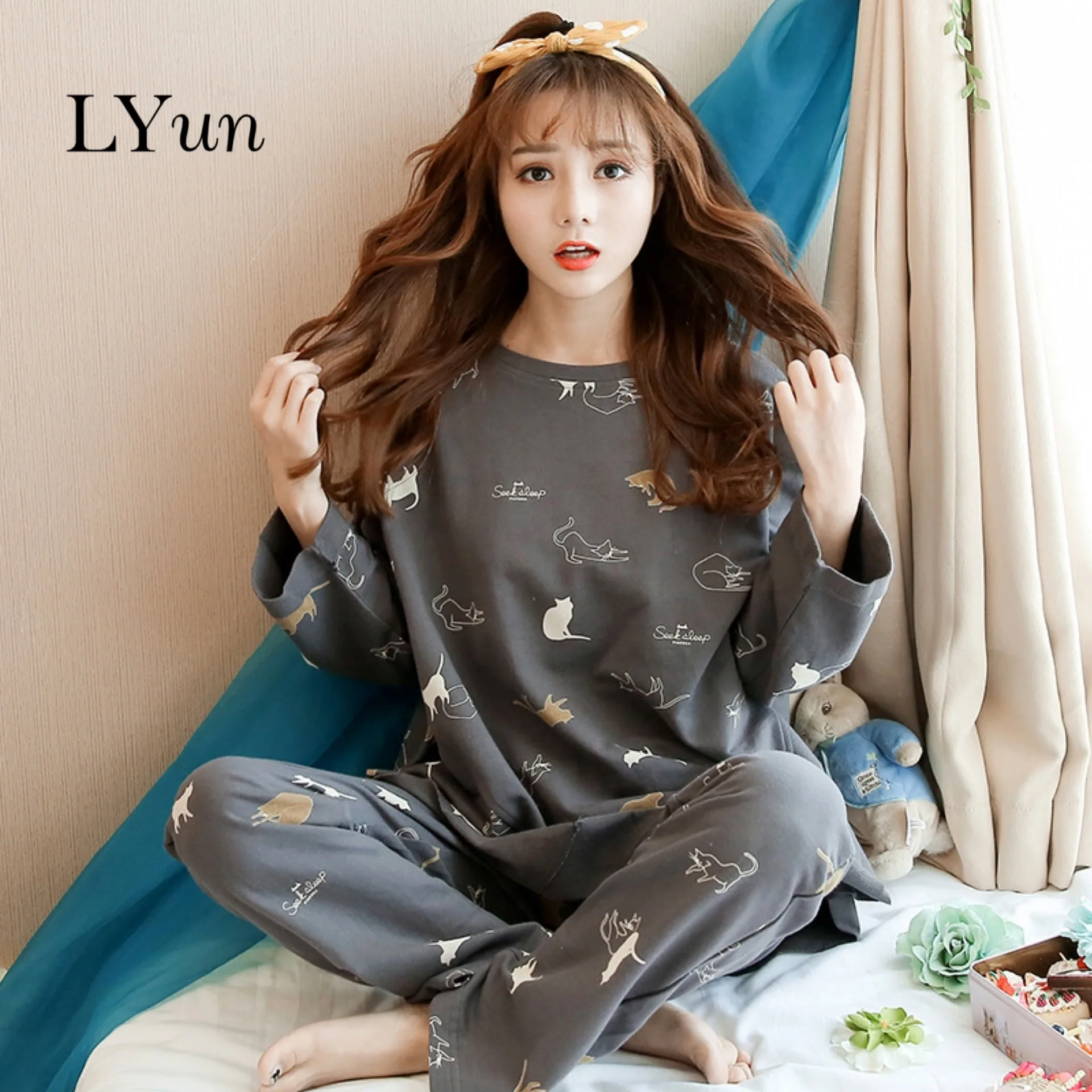 LY осенний пижамный комплект женская пижама новинка мультяшная из тонкой ткани с