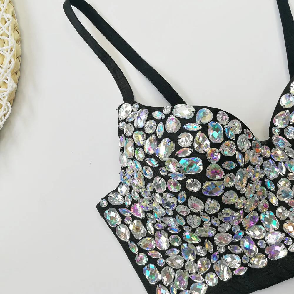 

Women's Rhinestone Fancy Diamond Tube Top Deep V Wrapped Chest Stage Performance Sling Bar Top