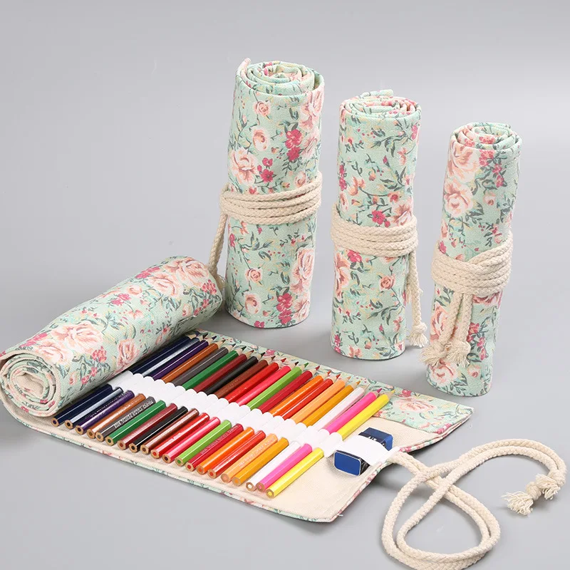 

12/36/48/72 Holes Roll-up Pencil Case Canvas Floral Large Pens Bag for Girls Boys Drawing Printing Pens Brushes Bag Pouch