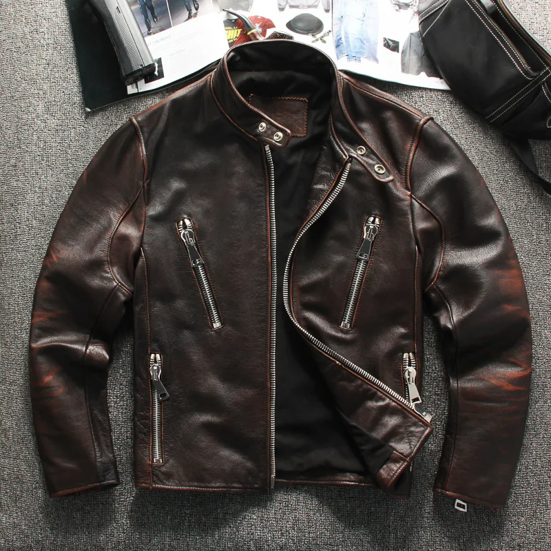 

2023 Brown Vintage Motorcycle Style Genuine Leather Jacket Men Plus Size 3XL Real Thick Cowhide Autumn Slim Fit Biker's Coat