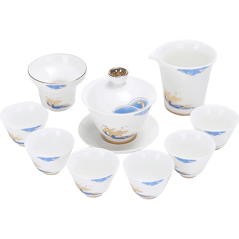 

Kung Fu Tea Set Household Jingdezhen Tea White Porcelain Mutton Fat Jade Chinese Tea Set Gaiwan Ceramic TeaSet Tea Sets European