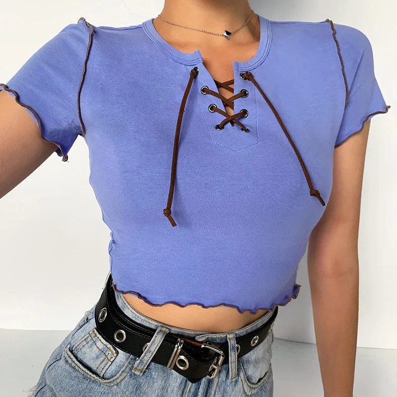 Летняя стильная модная футболка 2020 милая однотонная женская с коротким рукавом и