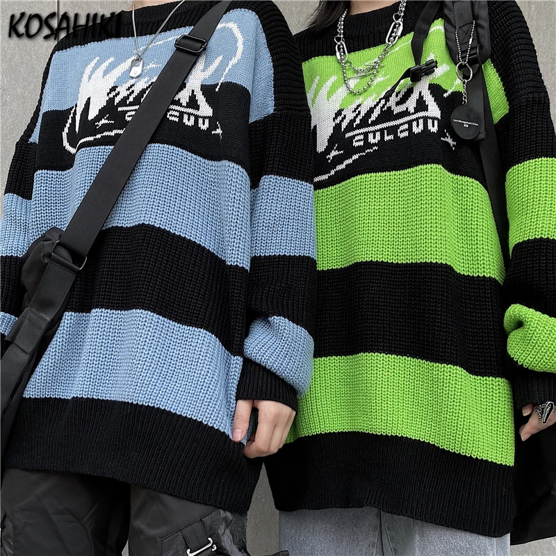 

KOSAHIKI Women Men Sweater Striped Casual Oversize Korean Stylish Knitted Jumper 2021 Autumn Winter Loose Harajuku Pullover
