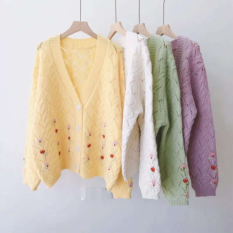 

Sweet Hand Embroidered Cardigans Women Fashion Embroidery Sweater New Autumn Winter Ladies Knit Loose Casual Korean Version