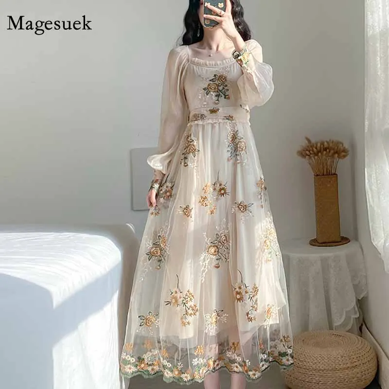 

Embroided High Waist French Floral Embroidery Party Dress Long Sleeve Mesh Dresses Lantern Sleeve Sweet Long Dress Vestido 10120
