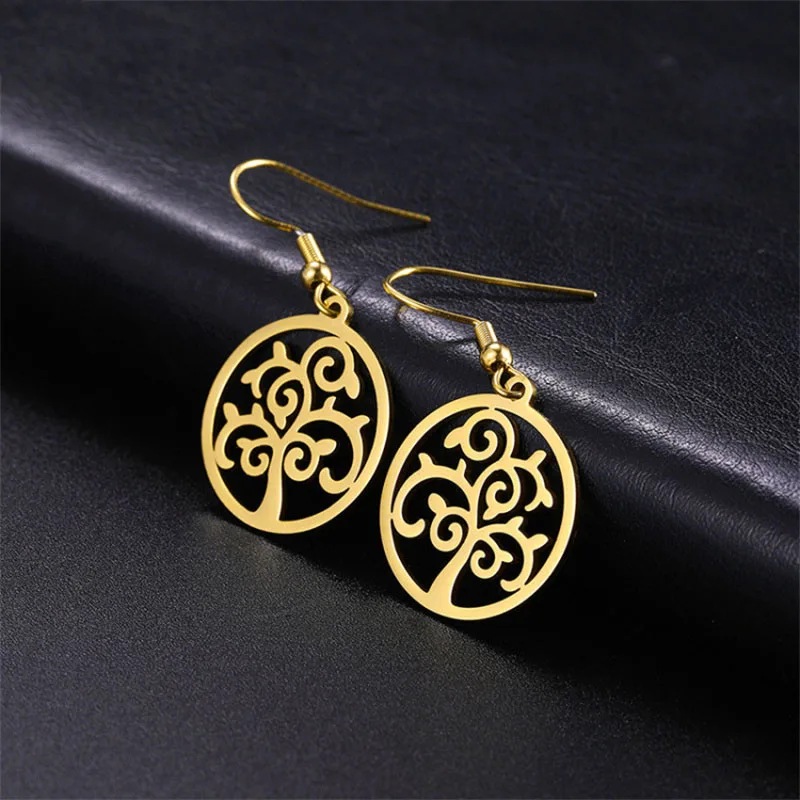 

Women's Earrings Tree Of Life Pattern Fashion Design Hollow Pendant Earrings Moda Mujer Jewelry Stainless Steel Round Earrings