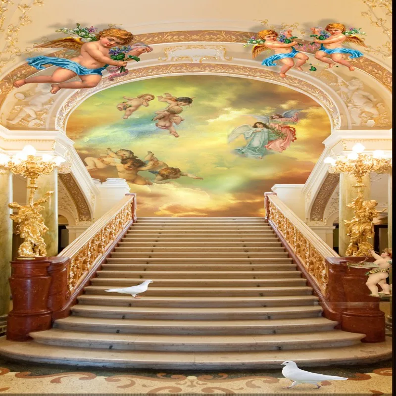 

Прямая поставка Пользовательские росписи 3D стерео Европейская лестница ангелы Хэллоуин дверь фон обои гостиная отель росписи
