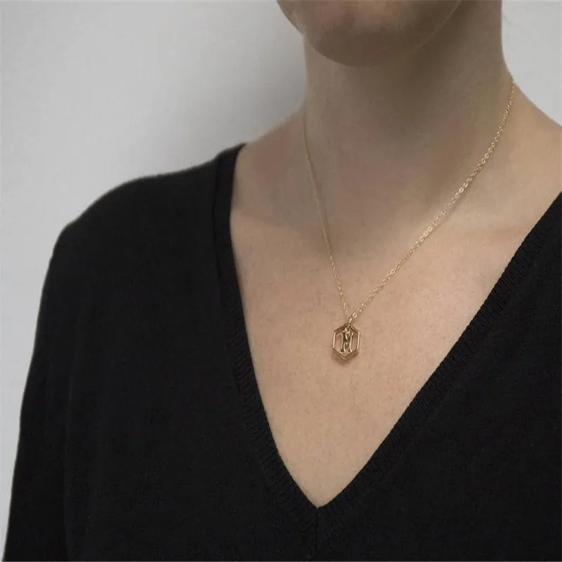 

K29I59G Hollow Hexagon Initial Necklace for Women Geometric Monogram Jewelry BFF Gift Vintage Gold Name Letter Alphabet Necklace