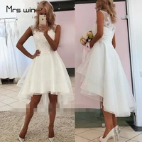 mrs win wedding dress o neck lace beach wedding dresses high low length vestido de noiva tea length wedding gowns hr037