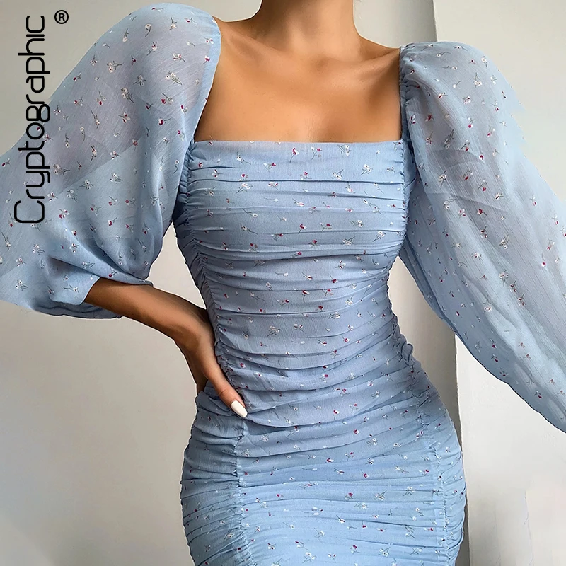 Женское Сетчатое мини-платье Cryptographic облегающее платье с рукавами-фонариками и