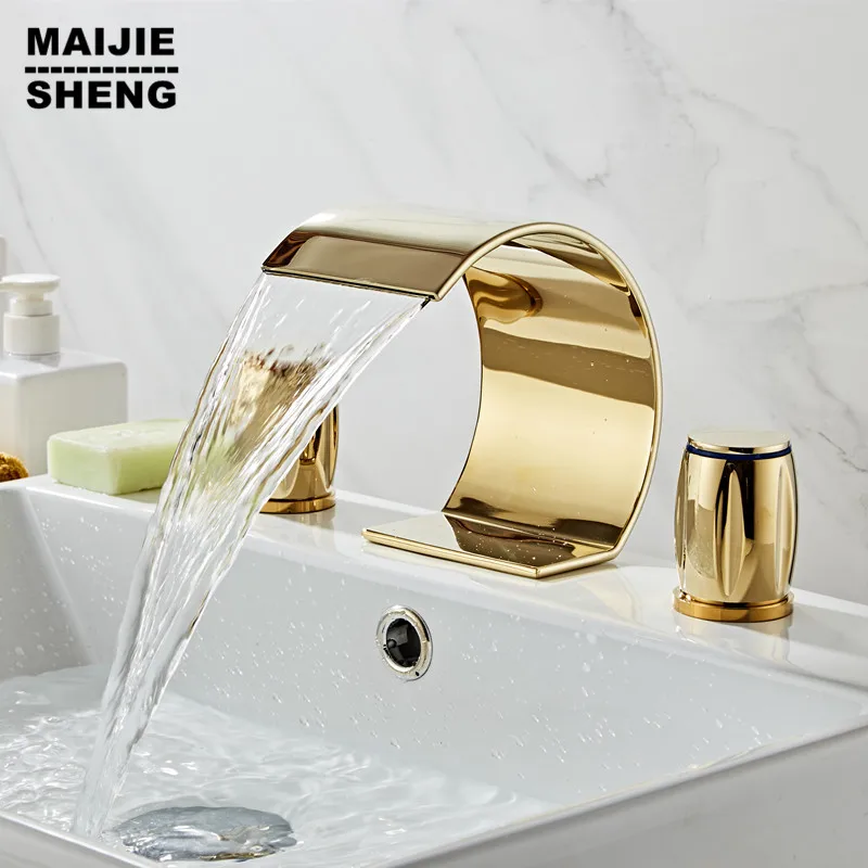Роскошный Золотой смеситель для ванной комнаты с двойной ручкой золотой кран
