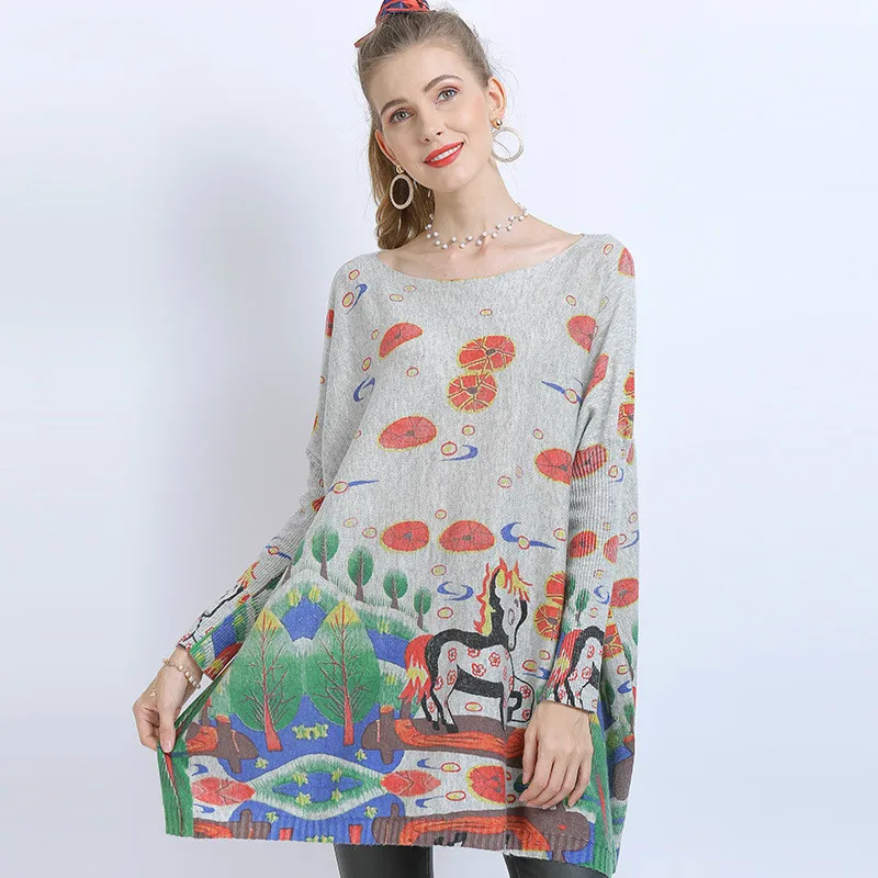 

2020 Winter Autumn Newest Large Size Tops Harajuku Knitted Cartoon Printed Bat Sleeve Sweater For Women Mid-Length Pullovers