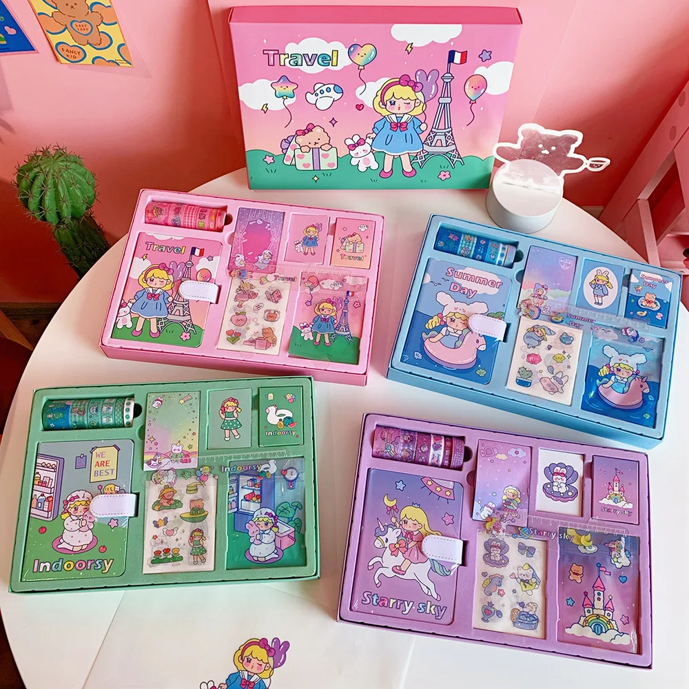 

MINKYS Kawaii PU Leather Diary Notebook Journal Set Masking Tape Stickers Memo Pads Birthday Gift Set Korean School Stationery