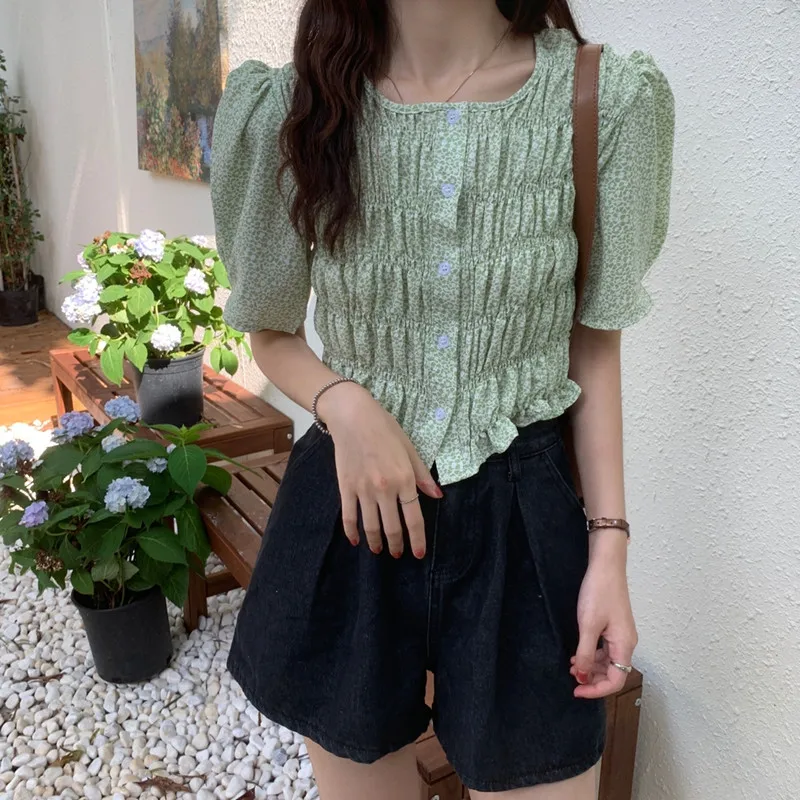 

Hzirip Vintage Pleated Floral Puff Sleeve Single-Breasted Shirt 2021 Summer Fashion All-Match Casual Elegant Short-Sleeved Top