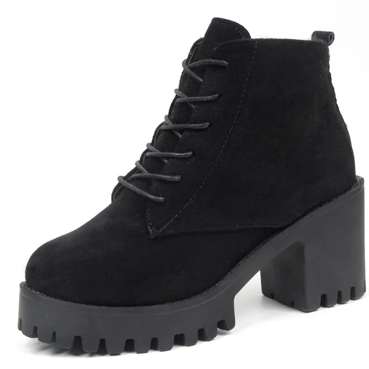 

Casual Autumn women high heels dress ankle Martin boots women Flock Round Toe lace-up Winter snow boots shoes woman mujer