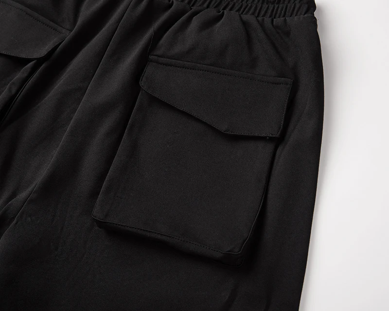 

Harajuku Drawstring Straight Pockets Black Cargo Pants Mens Streetwear Solid Oversize Overalls Hip Hop Loose Casual Trousers
