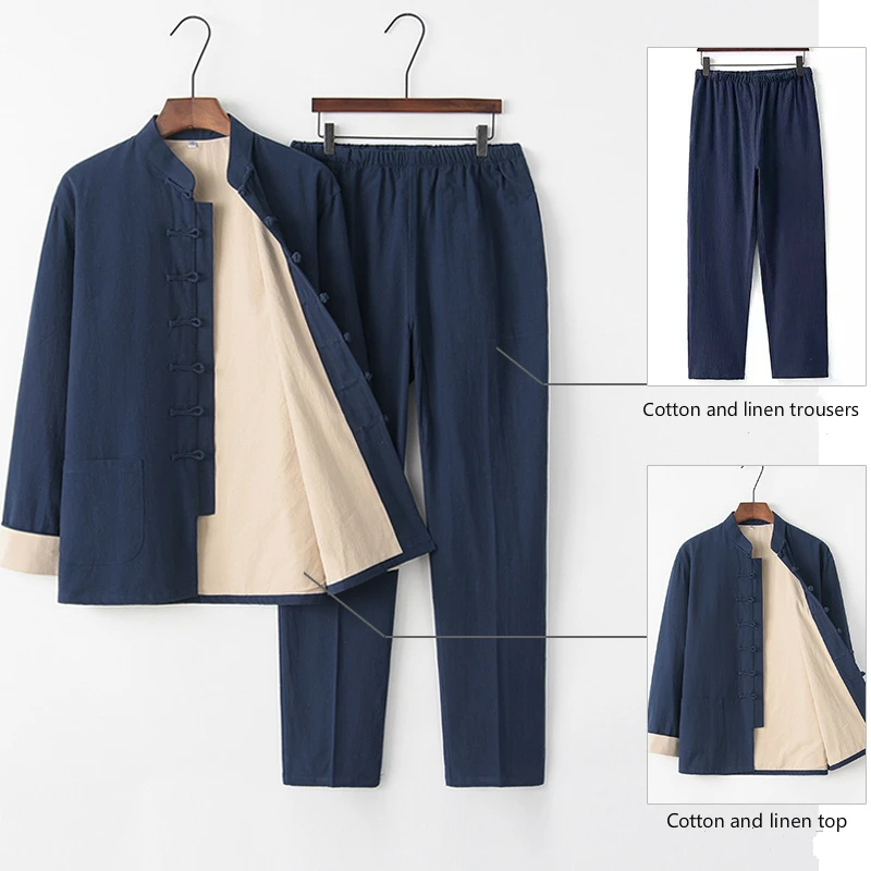 Chinese Retro Style Linen Suit Cotton Linen Shirts Trousers Two-piece Tai Chi Tang Suit Men Kungfu Uniform Set Hanfu Coat Pants