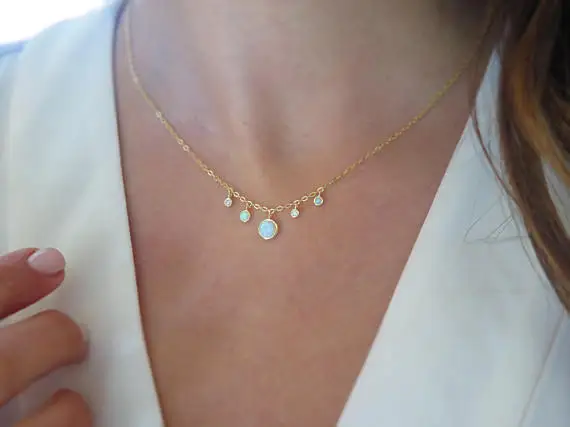 

tiny round drop charm bezel cz opal stone Gold color choker necklace delicate dainty women girl fashion 925 silver jewelry