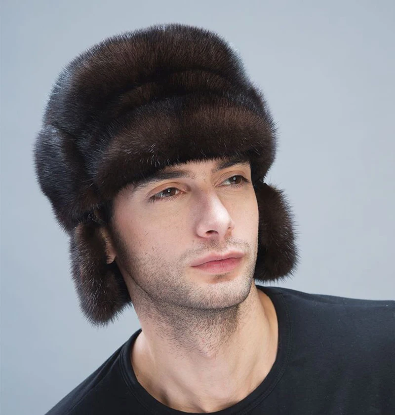 

Luxury Fashion Winter Men's 100% Real Mink Fur Aviator Bomber Hat Ushanka Cap Trapper Russian Man Real Mink Fur Ski Hats Caps