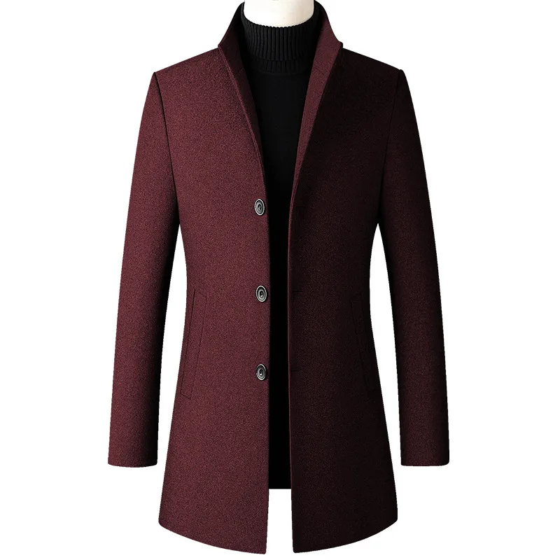 

Plus Size 30% Wool Mandarin Collar Long Overcoat Men Slim Fit Single Breasted Woolen Blends Trench Coat for Men Gray Burgundy