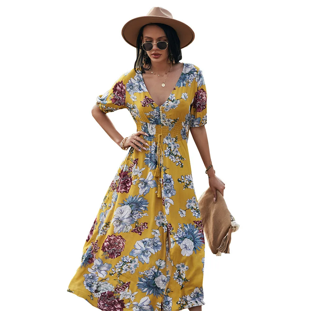 

2021 Woman Zara Summer Sexy Printed V-neck High Waist Bohemian Style Dress Beach Casual Holiday Dress Femme Split Print Sundress