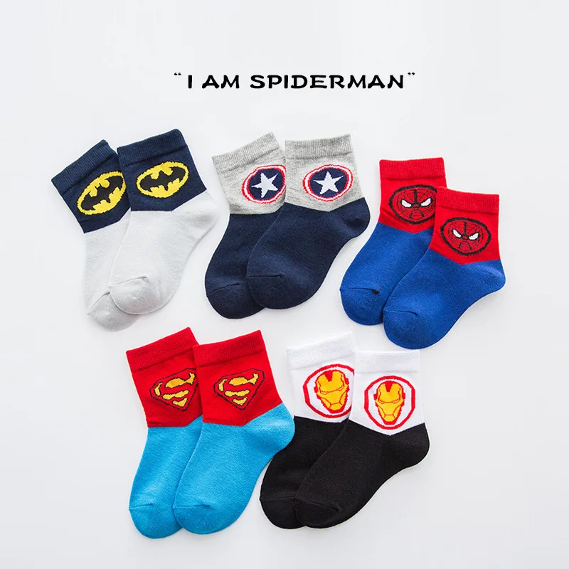 5 пар зимних носков для маленьких мальчиков мультяшный супергерой Marvel Superman Spiderman Batman iron man, детские осенние хлопковые Дышащие носки