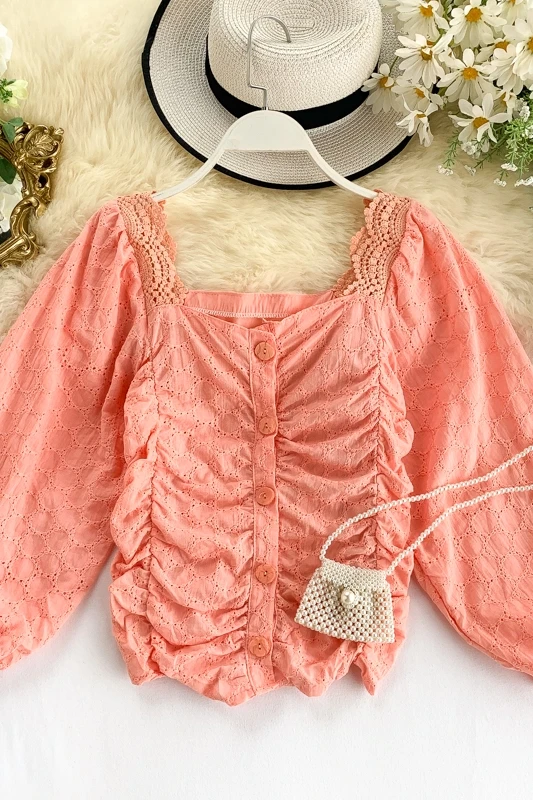 New Fall Women Fashion Blending Solid Color Ruched Lace Shirt Ladies Casual Long Lantern Sleeves Hollow Out Blouse Shirts Suits | Женская