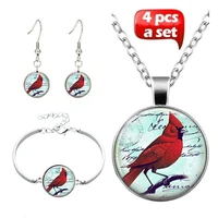 northern cardinal bird art photo jewelry set glass pendant necklace earring bracelet totally 4 pcs for women fashion party gifts