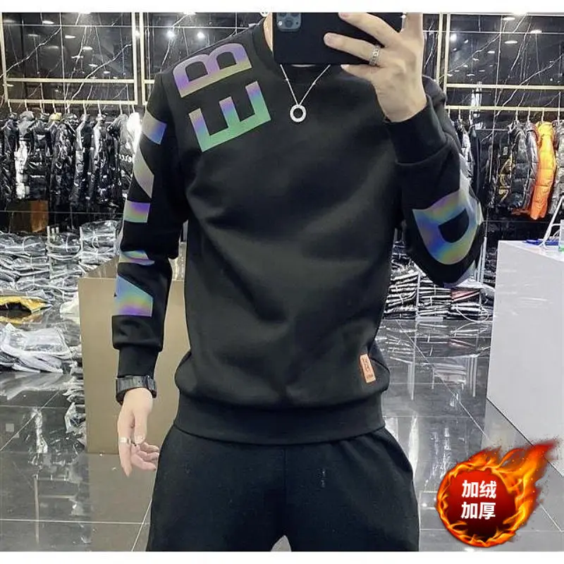 

Winter new padded sweater men plus velvet casual fashion colorful letter round neck bottoming shirt tide