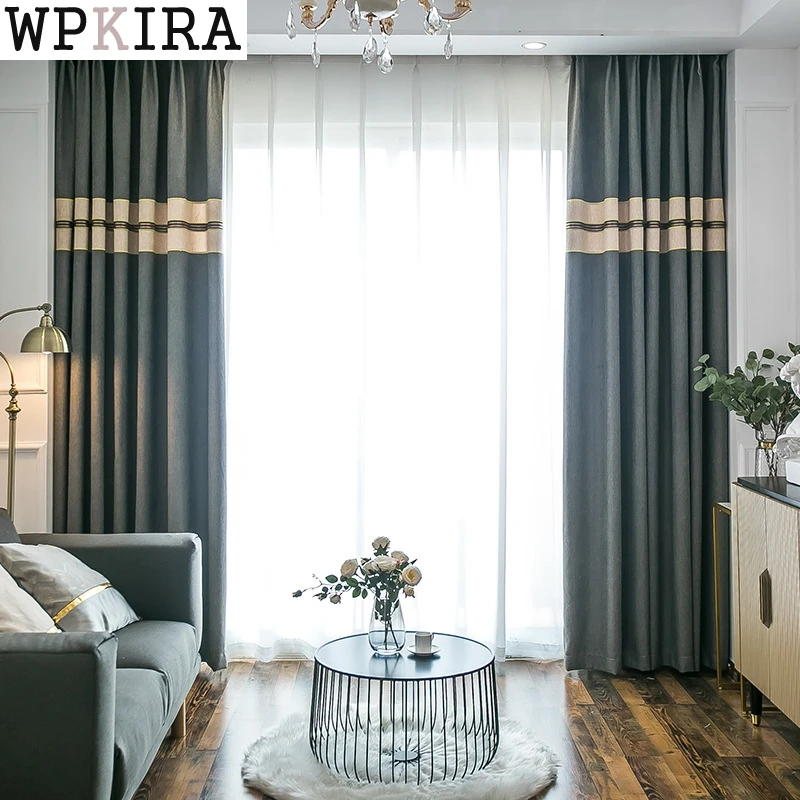 Льняные светонепроницаемые шторы в синюю полоску для гостиной современные