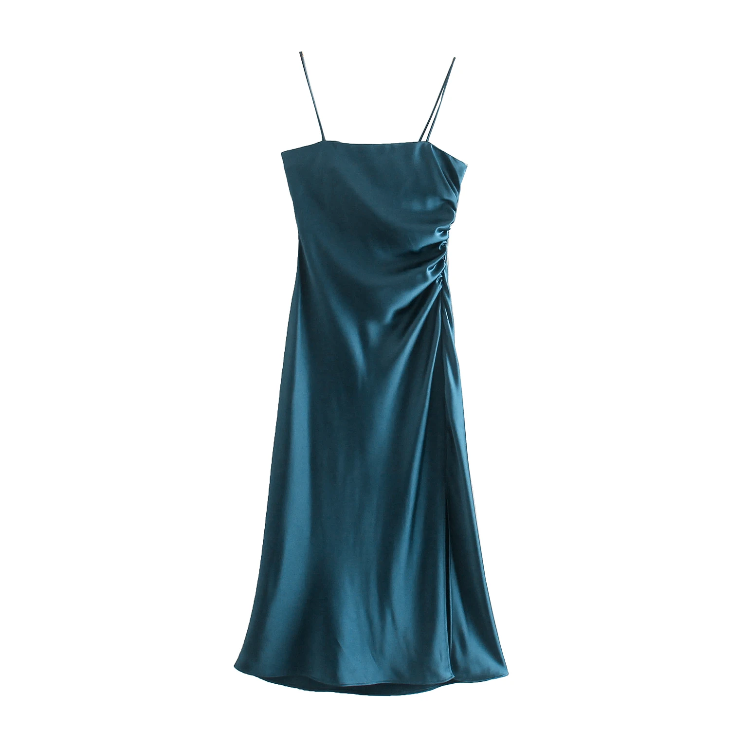 

JUNWU Summer Women Dark Blue Silk Satin Texture Fabric Slash Neck Wrapped Chest Pleated Zipper Slit Skirt Suspender Dress Sexy
