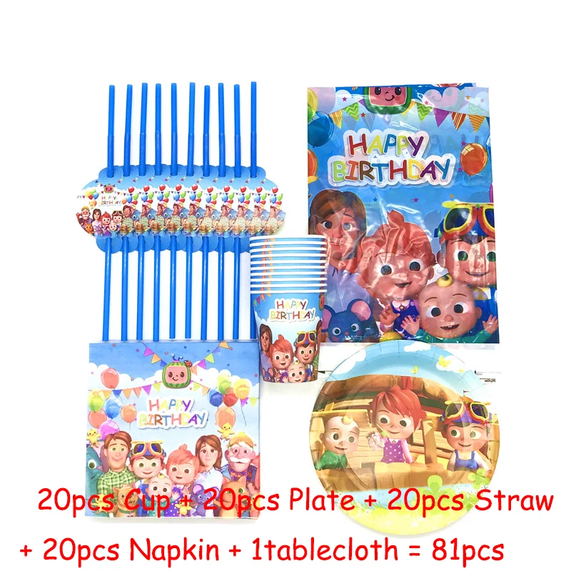 

81 pcs Cocomelon Theme Birthday Party Decoration Kids Favor Cocomelon Disposable Baby Shower Cup Plate Napkin Straw Tablecloth