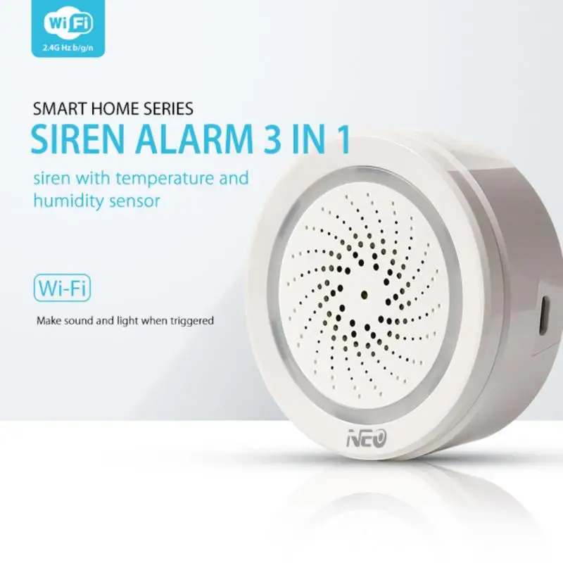 

3 In 1 Smart Wifi Siren Alarm Linkage With Temperature Humidity Sensor Via IOS Android APP Notification Plug And Play No HUB Req