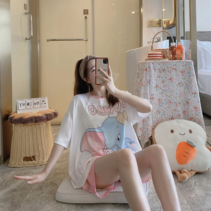 Cute Pijamas with Shorts for Women 3 Pieces Set Spring Summer Homewear Anime Elephant Dumbo Pajama Girls Cartoon Pyjama Thin New