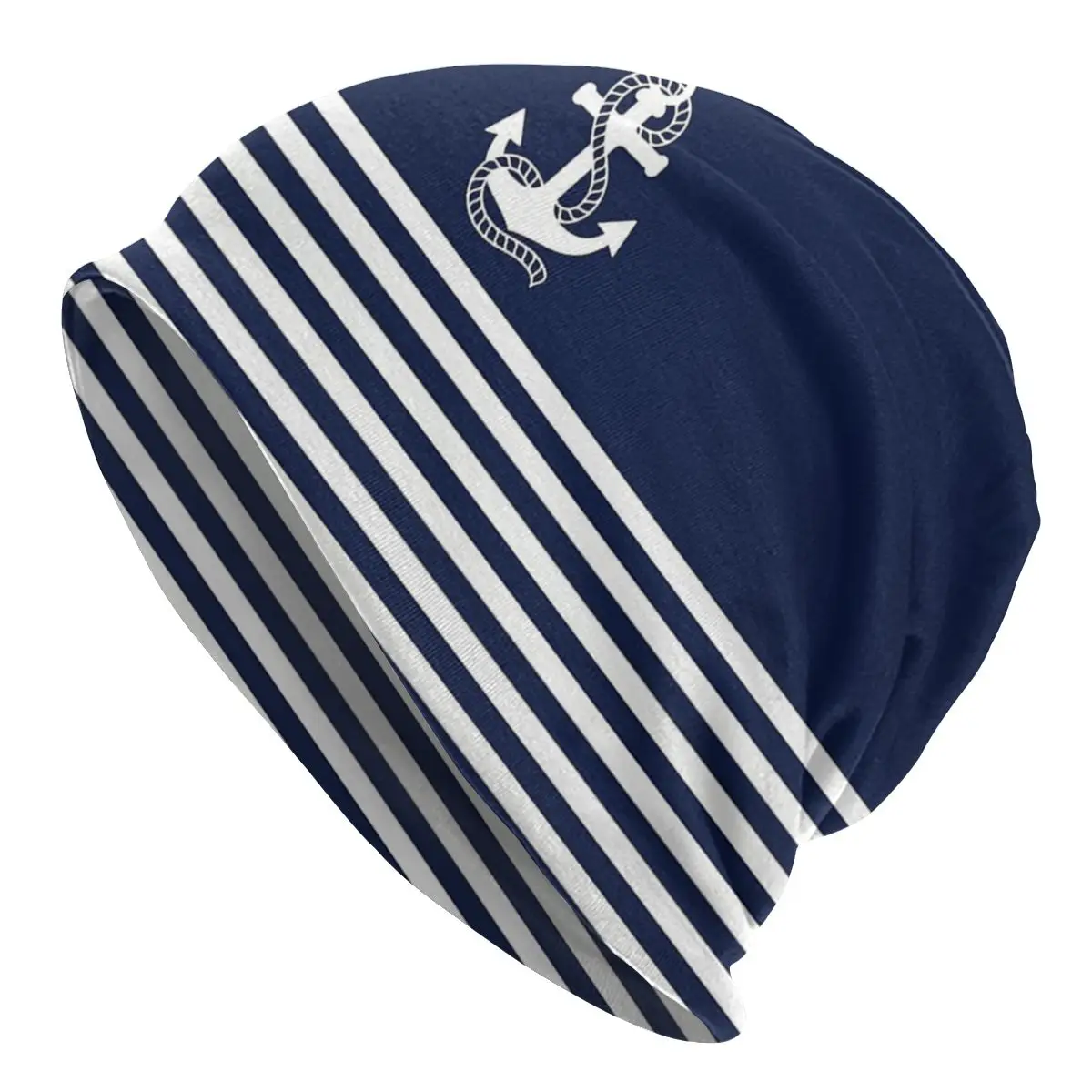 

Nautical Navy Blue Stripes And White Anchor Cap Goth Ski Skullies Beanies Hats Unisex Spring Dual-use Bonnet Knit Hat