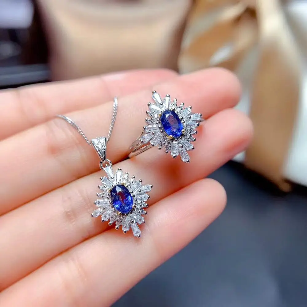

New Arrival Real Natural Real Natural Sapphire jewelry set Natural Real Sapphire 925 sterling silver 1pc pendant,1pc ring